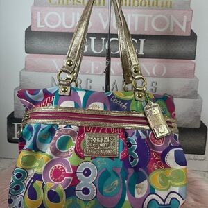 Coach Poppy Multicolor Circular Print Shoulder Bag with Gold Accents